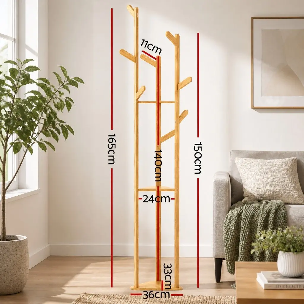 Clothes Rack Airer Coat Stand 9 Hooks Bamboo Garment Storage Hanger Tree Design
