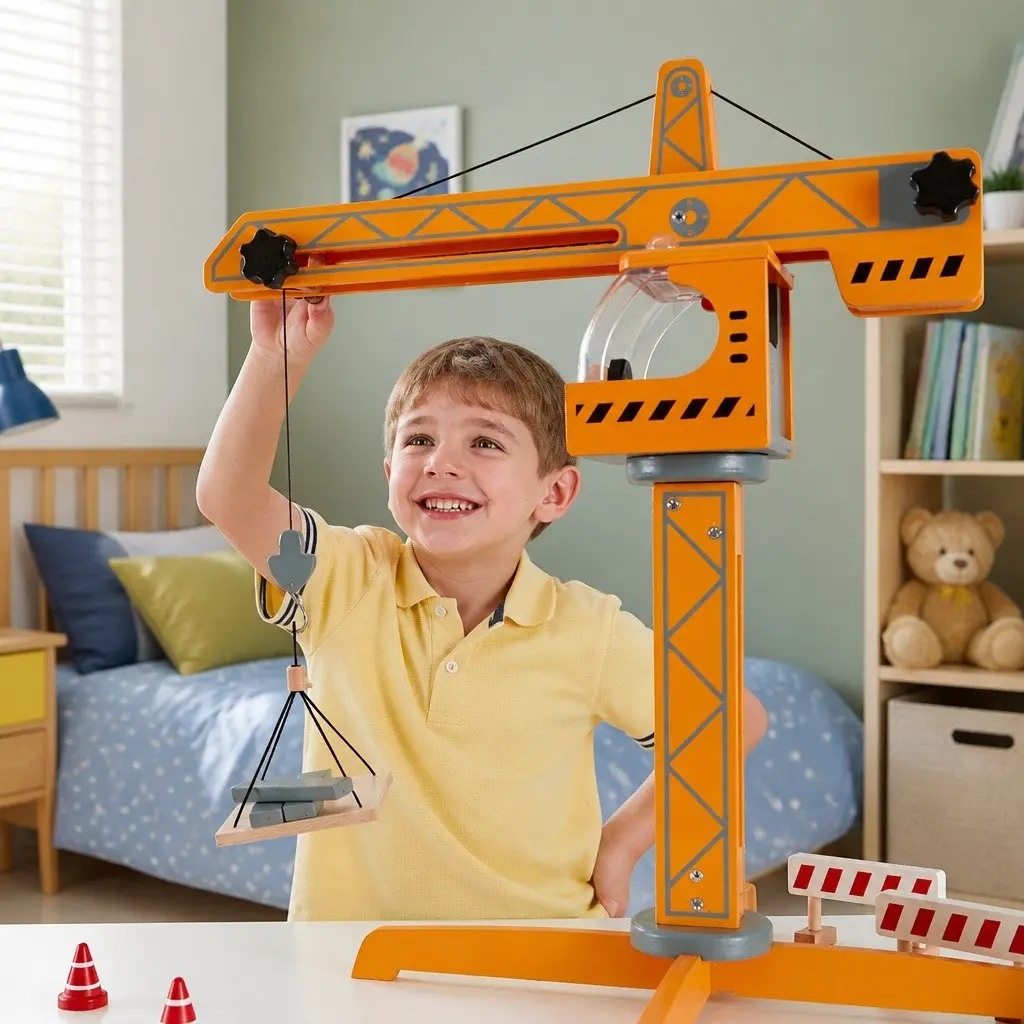 Crane Lift Construction Playset Wooden Building Toy Working Winch Rotating Arm 10 Piece