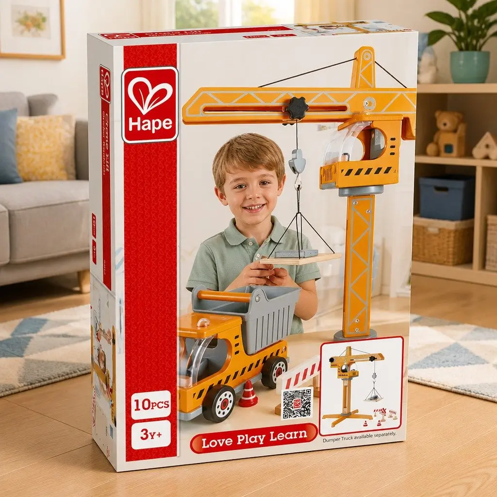 Crane Lift Construction Playset Wooden Building Toy Working Winch Rotating Arm 10 Piece