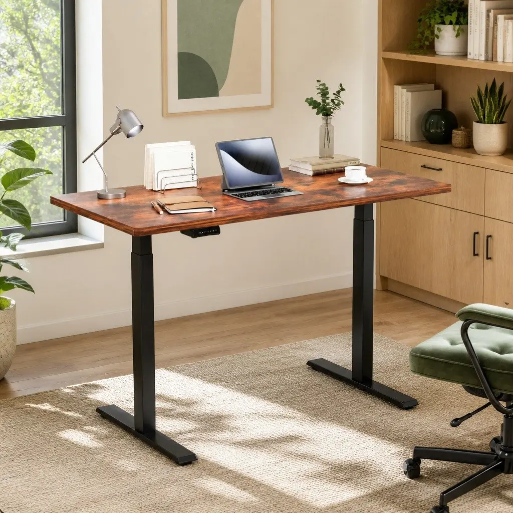 Dual Motor Height Adjustable Frame Office Desk Rustic Brown 140cm Motorised