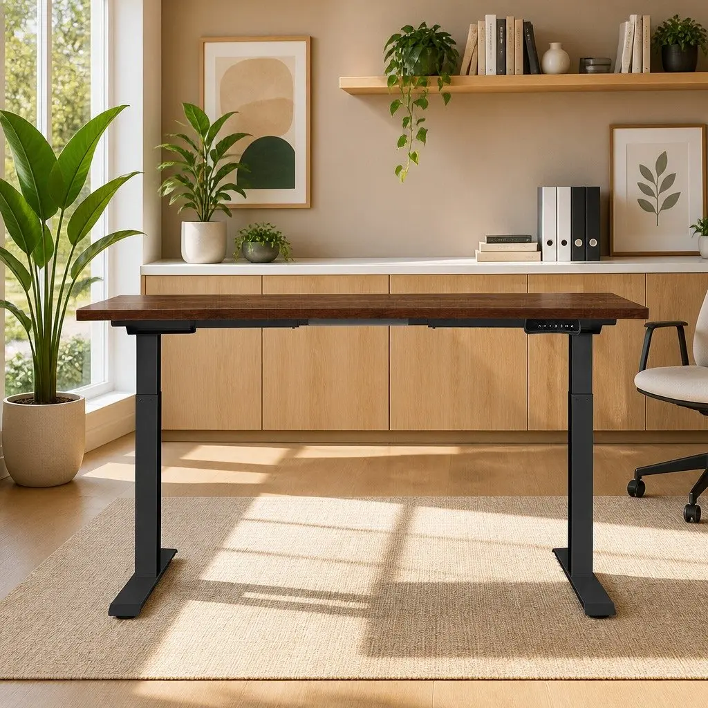 Dual Motor Height Adjustable Frame Office Desk Rustic Brown 140cm Motorised