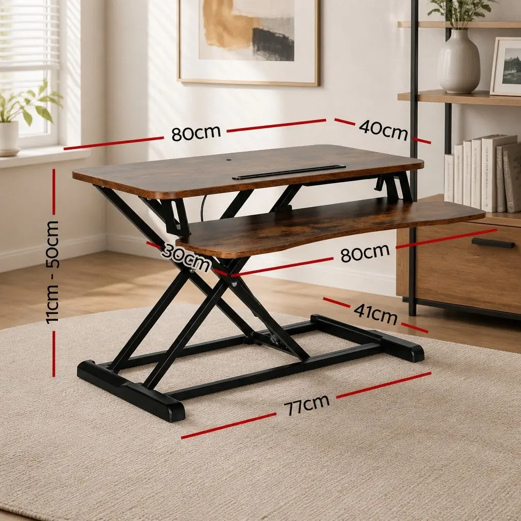 Standing Desk Riser Height Adjustable 2-Tier Keyboard Tray Rustic Brown 80CM