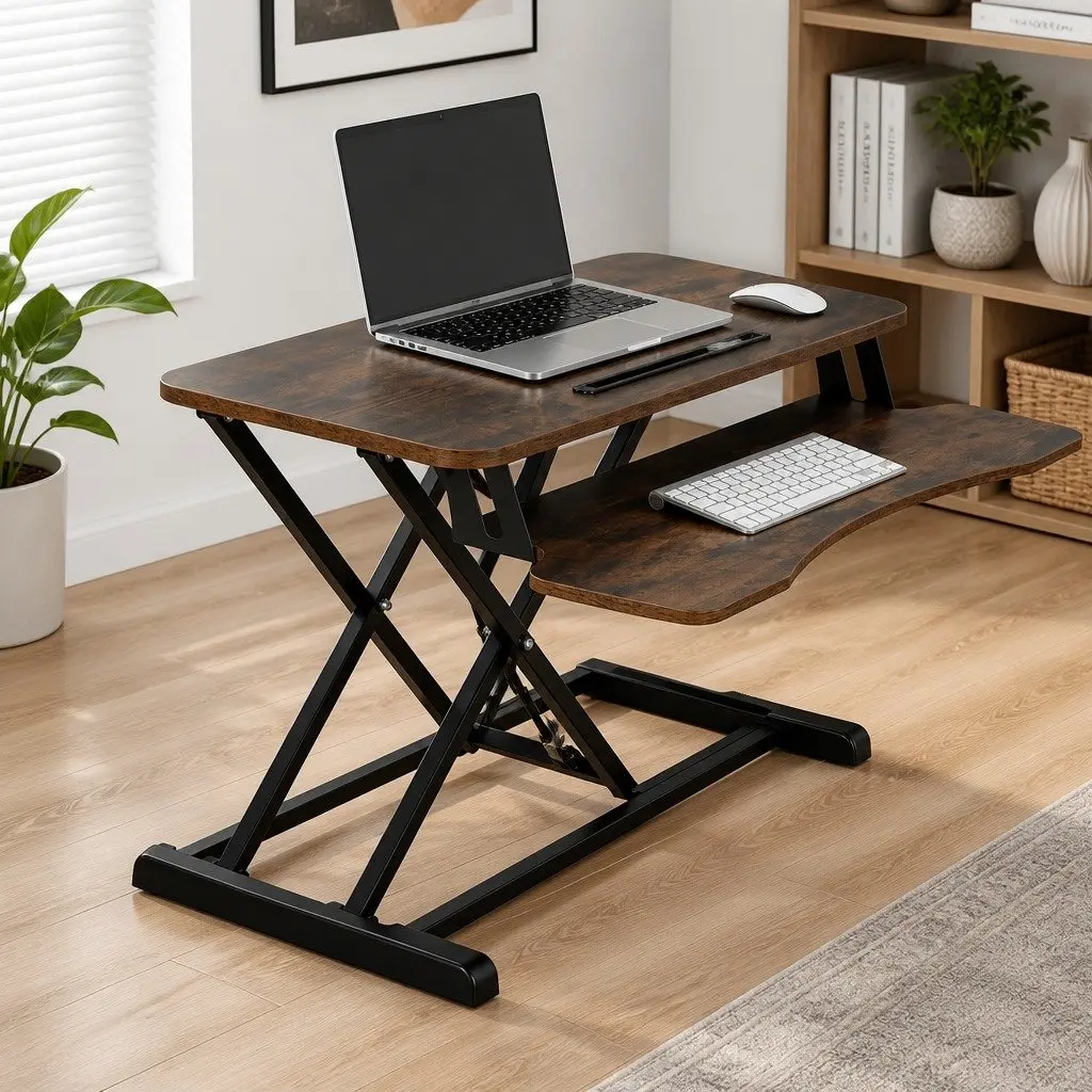 Standing Desk Riser Height Adjustable 2-Tier Keyboard Tray Rustic Brown 80CM