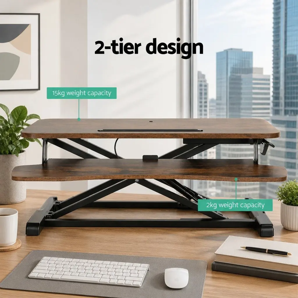 Standing Desk Riser Height Adjustable 2-Tier Keyboard Tray Rustic Brown 80CM