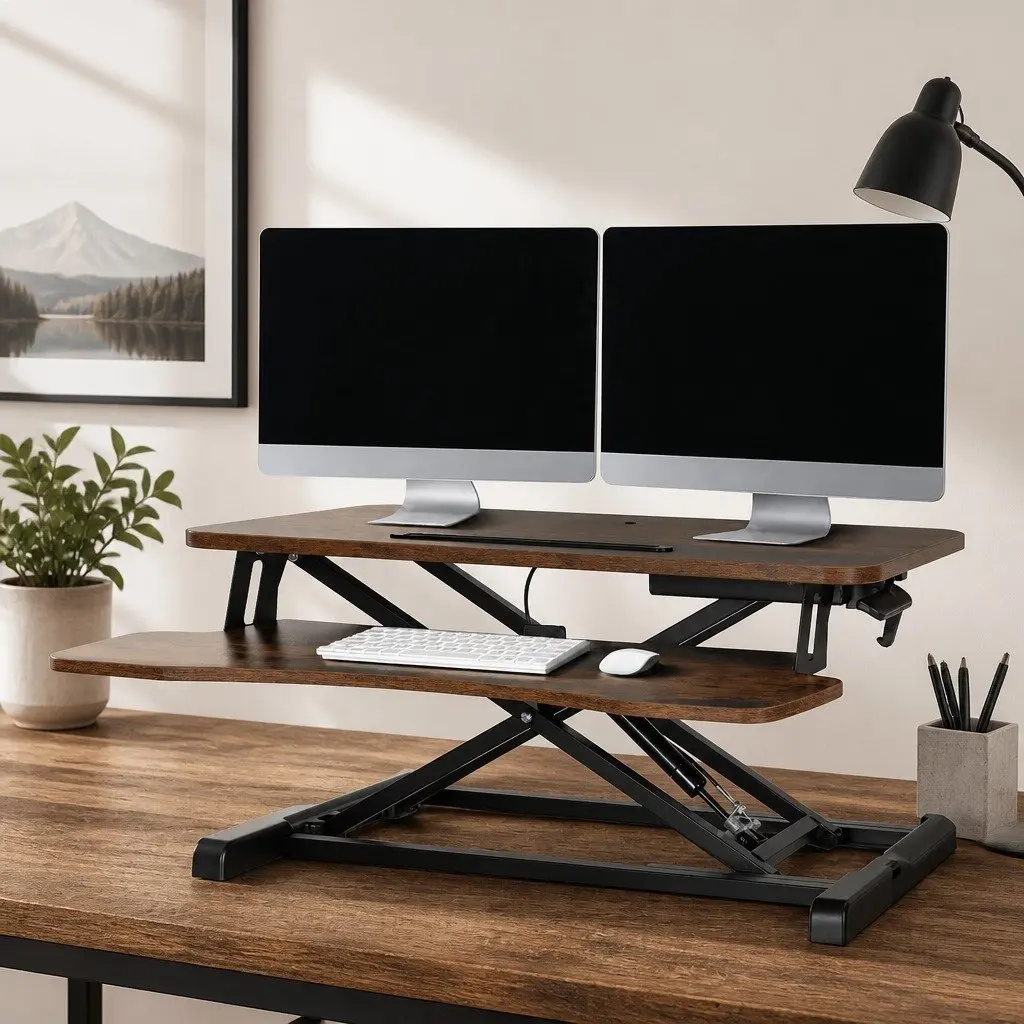 Standing Desk Riser Height Adjustable 2-Tier Keyboard Tray Rustic Brown 80CM