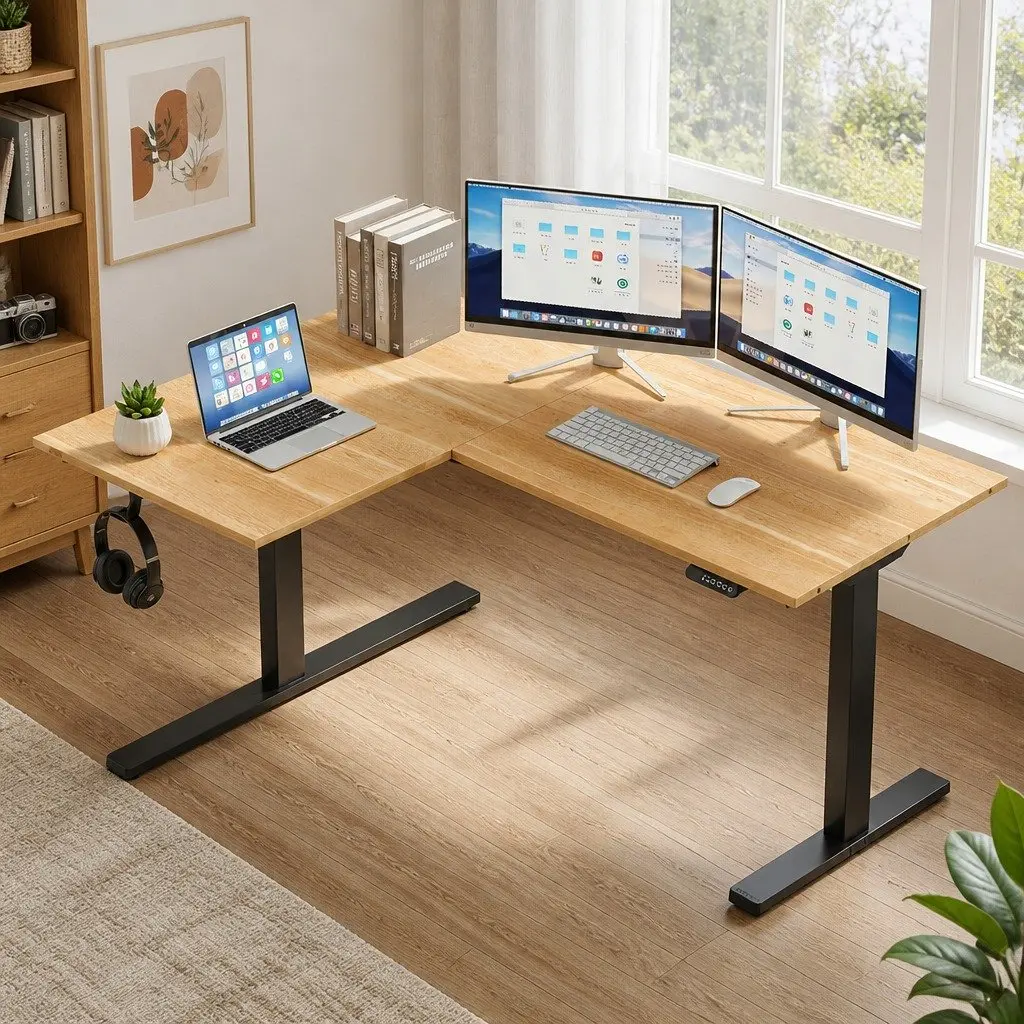 L-Shape Electric Standing Desk Height Adjustable Dual Motor Splicing Tabletop 140 x 110 x 72-121cm