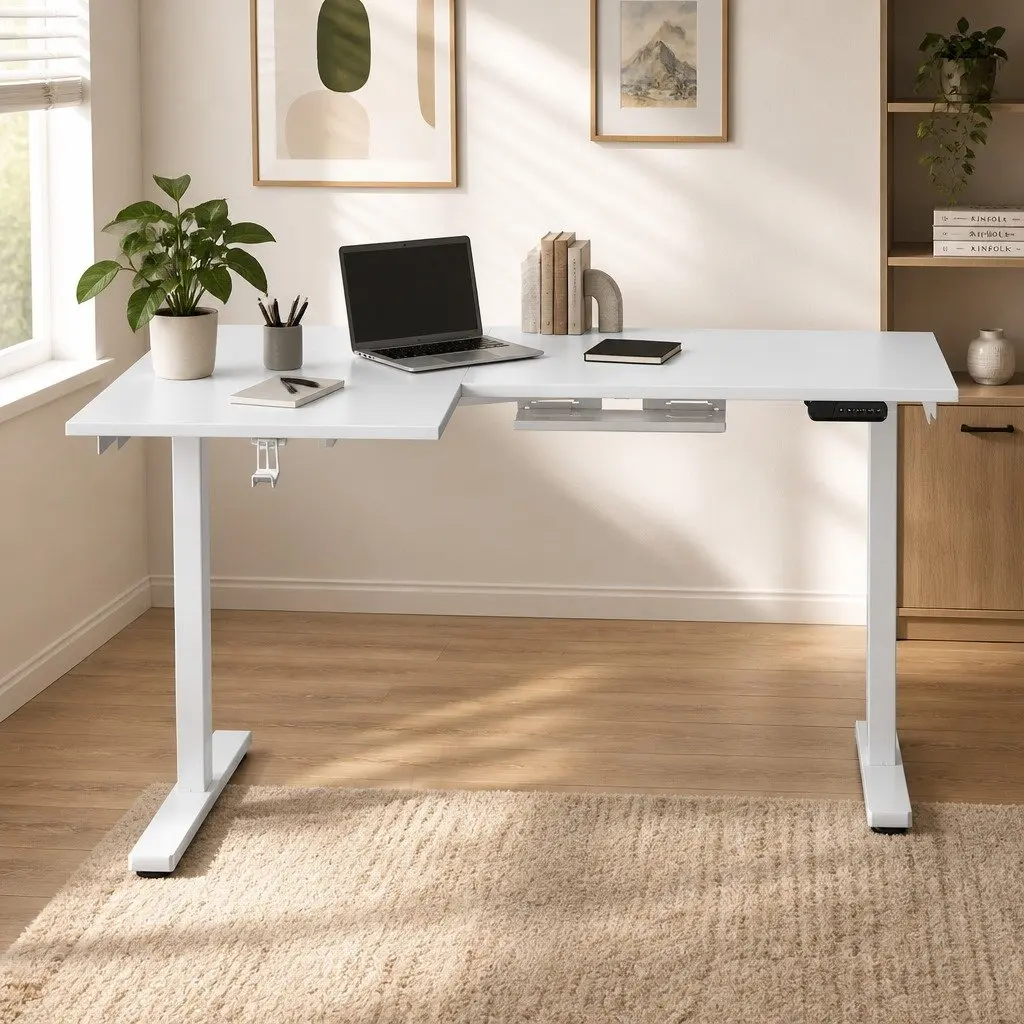 Electric L-Shape Standing Desk Height Adjustable Motorised White Oak 140x110cm