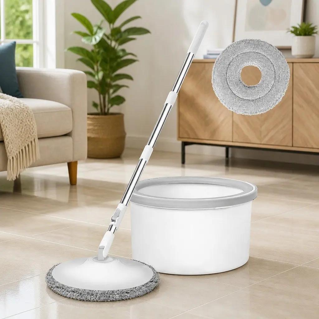 Mop and Bucket Set Microfibre Mop Head Adjustable Pole for Hard Floor Cleaning