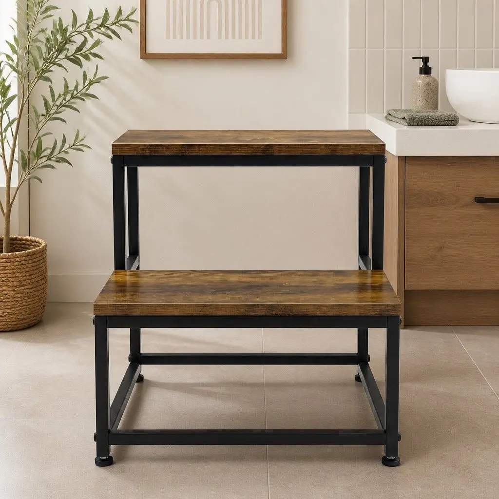 2-Step Stool Non Slip Portable Iron Frame MDF Steps 38cm L x 38cm W x 36cm H