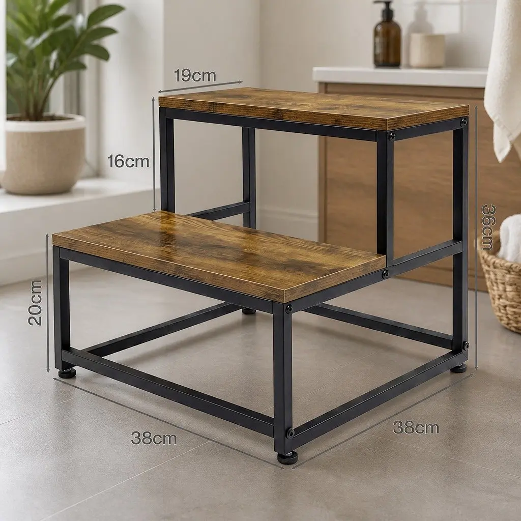 2-Step Stool Non Slip Portable Iron Frame MDF Steps 38cm L x 38cm W x 36cm H