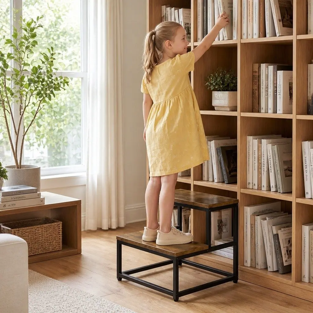 2-Step Stool Non Slip Portable Iron Frame MDF Steps 38cm L x 38cm W x 36cm H