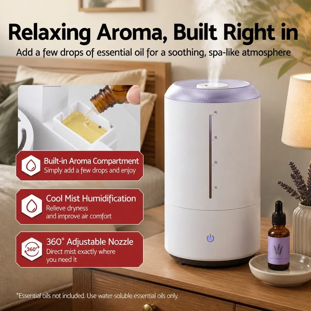 Ultrasonic Humidifier Top Fill 4L Quiet Bedroom White Mist