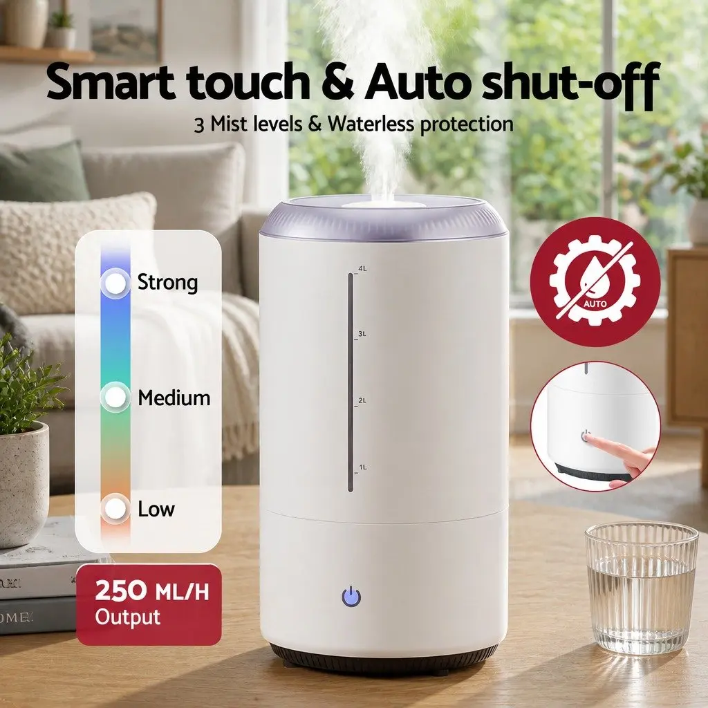 Ultrasonic Humidifier Top Fill 4L Quiet Bedroom White Mist