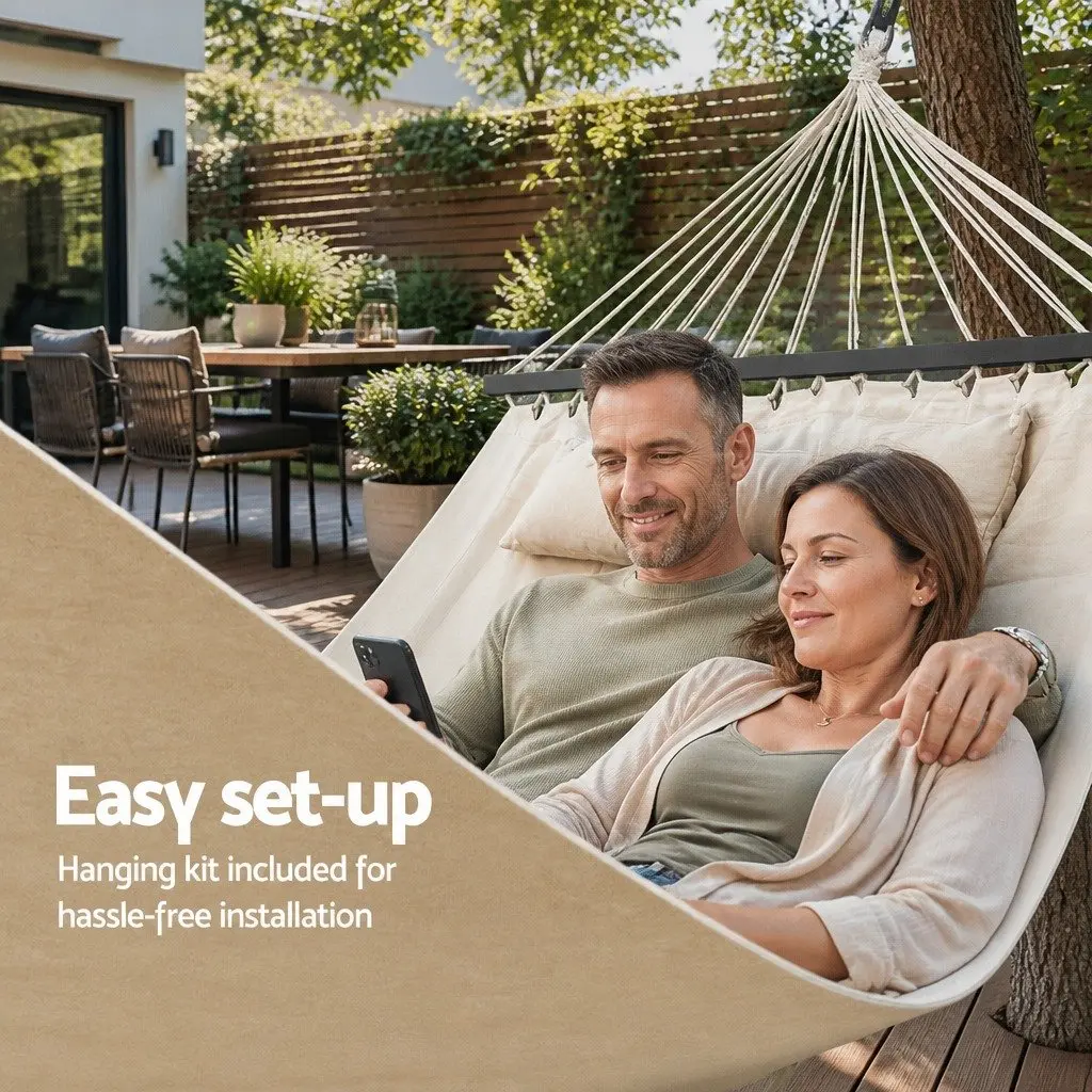 Hammock Bed Portable Outdoor 2 Person Cream 343cm x 140cm with Detachable Pillow