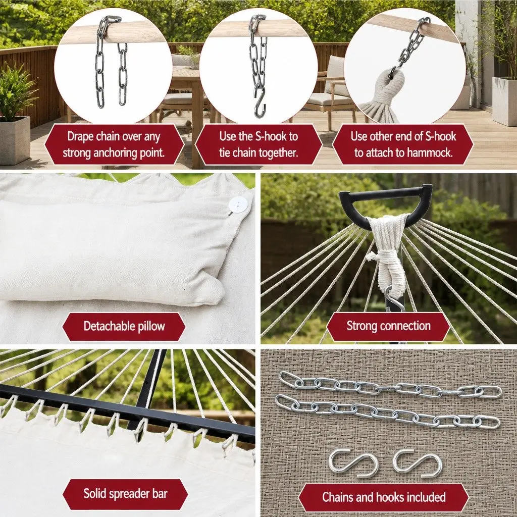 Hammock Bed Portable Outdoor 2 Person Cream 343cm x 140cm with Detachable Pillow