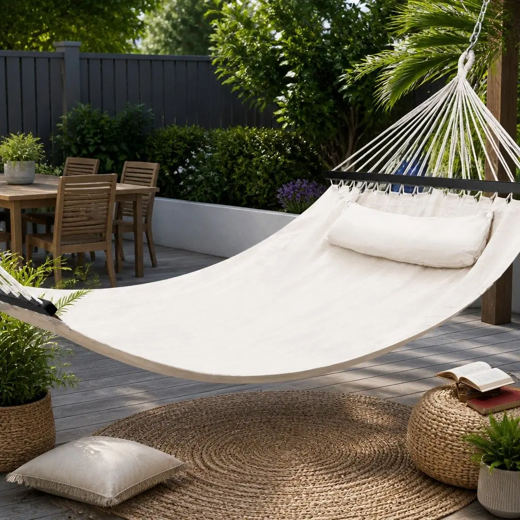 Hammock Bed Portable Outdoor 2 Person Cream 343cm x 140cm with Detachable Pillow