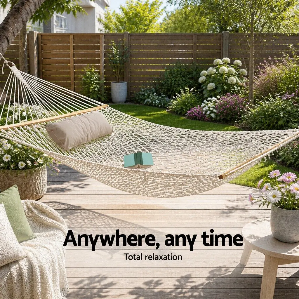 Hammock 2 Person Cotton Rope Mesh Cream 340cm