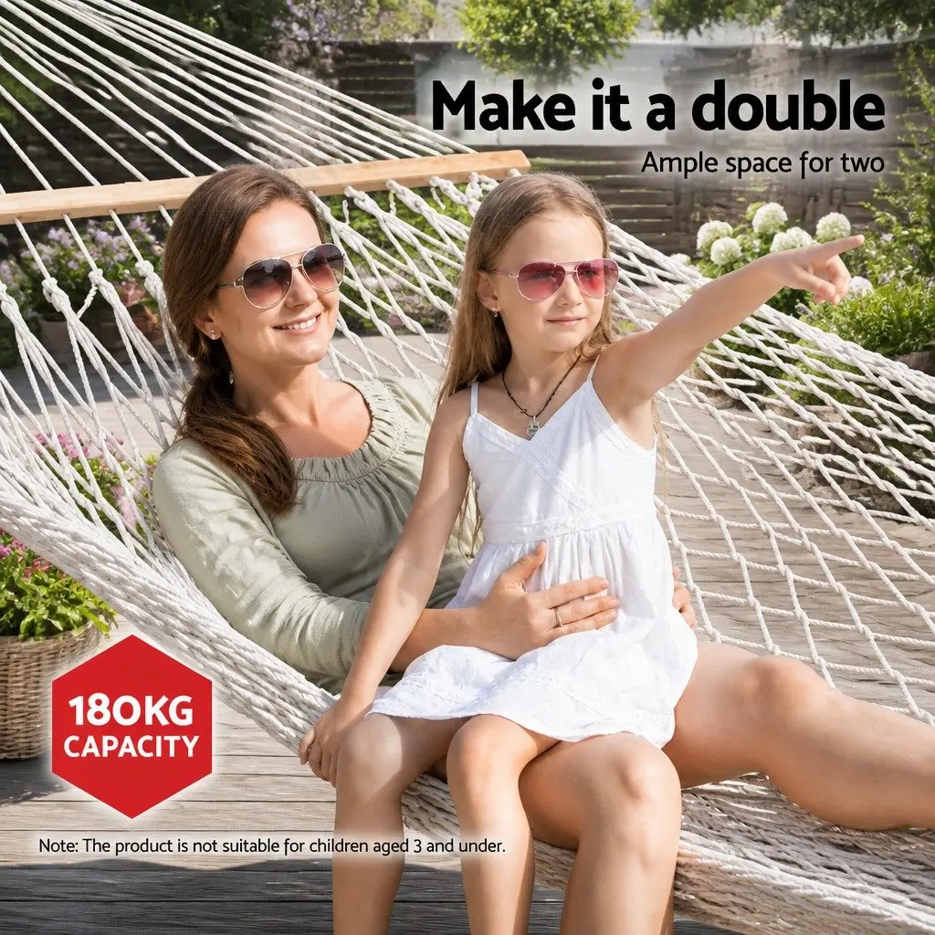Hammock 2 Person Cotton Rope Mesh Cream 340cm