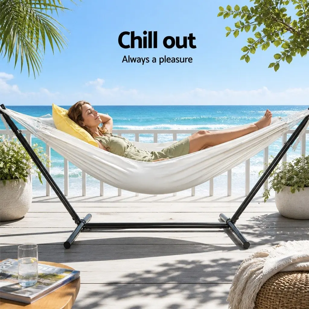 Hammock Bed with Stand Adjustable Cotton Single Outdoor Lounge Chair 280cm x 150cm