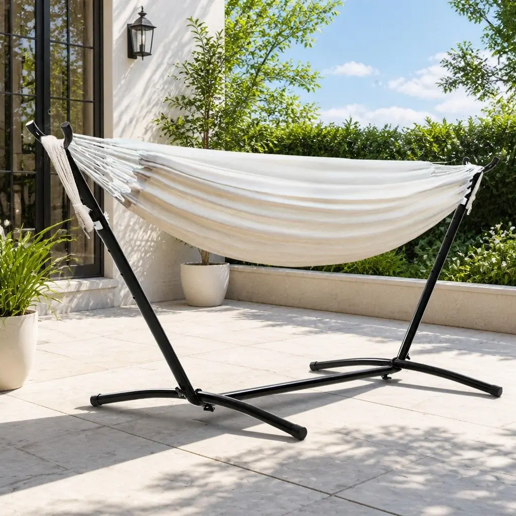 Hammock Bed with Stand Adjustable Cotton Single Outdoor Lounge Chair 280cm x 150cm