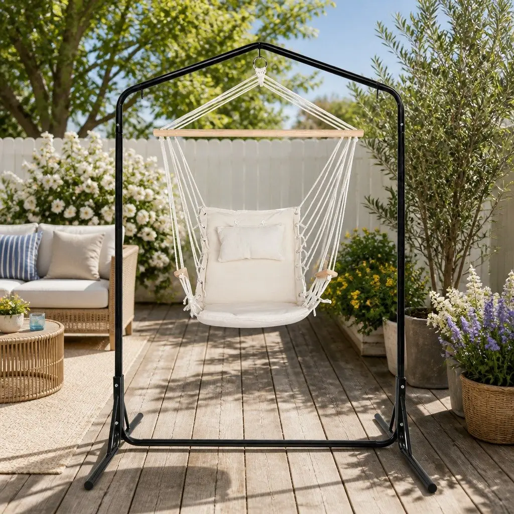 Hammock Chair with Stand Durable Polyester Cotton Blend Cream 100cm x 60cm x 138cm