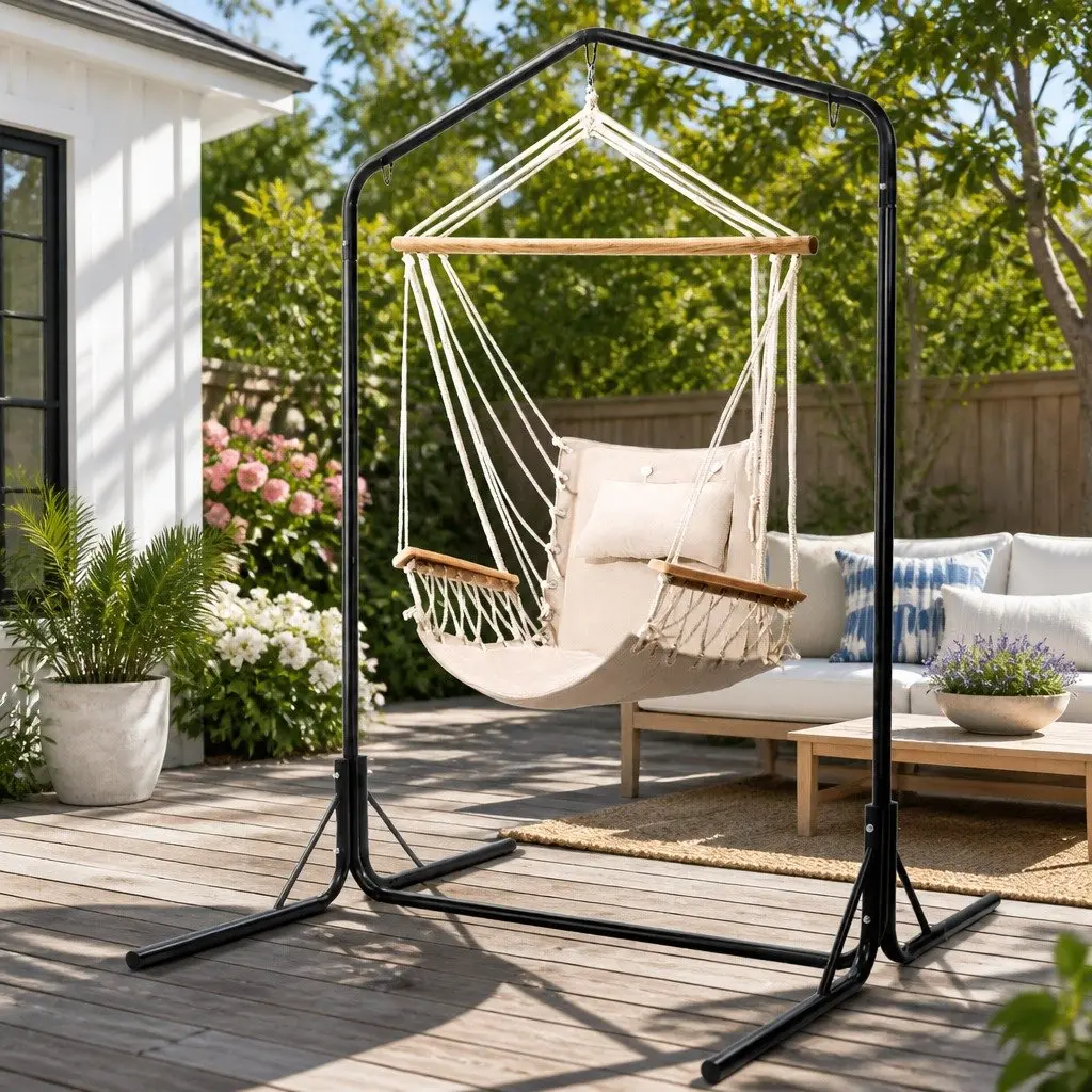 Hammock Chair with Stand Durable Polyester Cotton Blend Cream 100cm x 60cm x 138cm