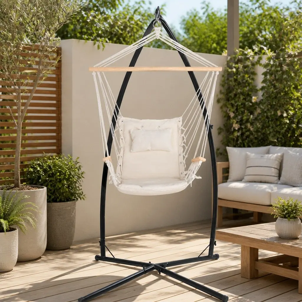 Hammock Chair with Steel Stand and Armrest Cream Padded Indoor Outdoor 100cm x 60cm x 138cm