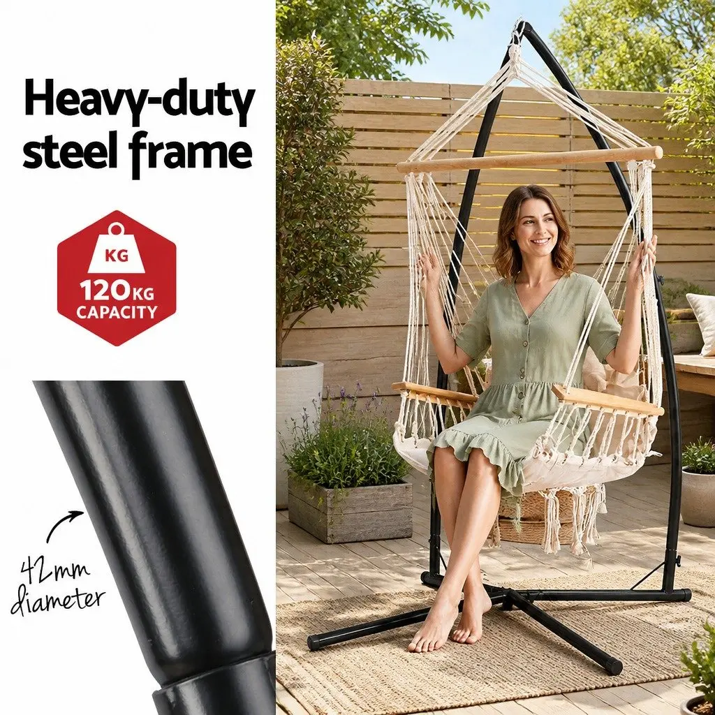 Hammock Chair with Steel Stand and Armrest Cream Padded Indoor Outdoor 100cm x 60cm x 138cm