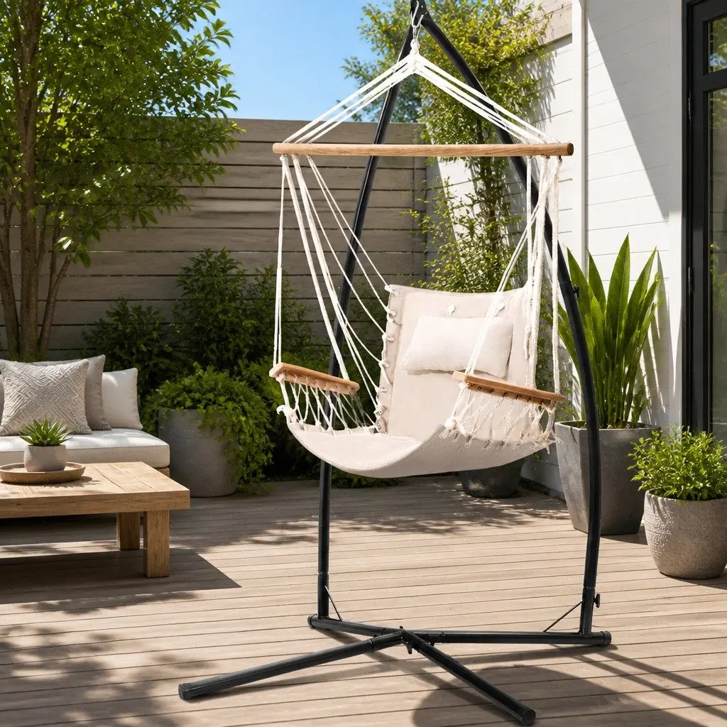 Hammock Chair with Steel Stand and Armrest Cream Padded Indoor Outdoor 100cm x 60cm x 138cm