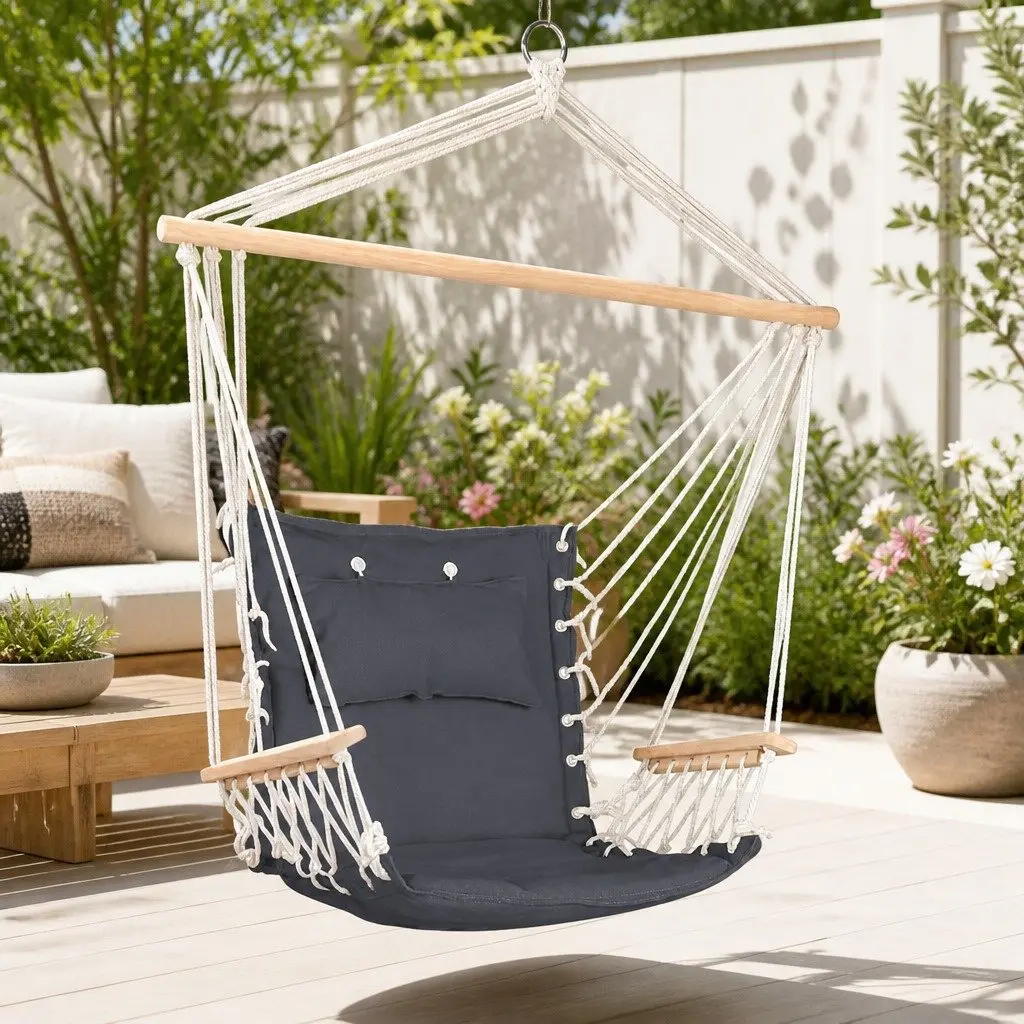 Hammock Chair with Armrest Grey Outdoor Patio Garden Relaxation Seat 100 x 60 x 138cm