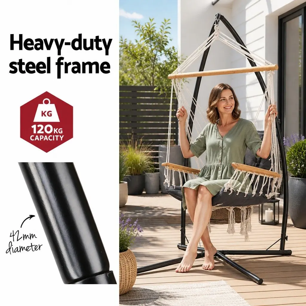 Hammock Chair with Steel Stand Padded Seat Grey Indoor Outdoor 100cm x 60cm x 138cm