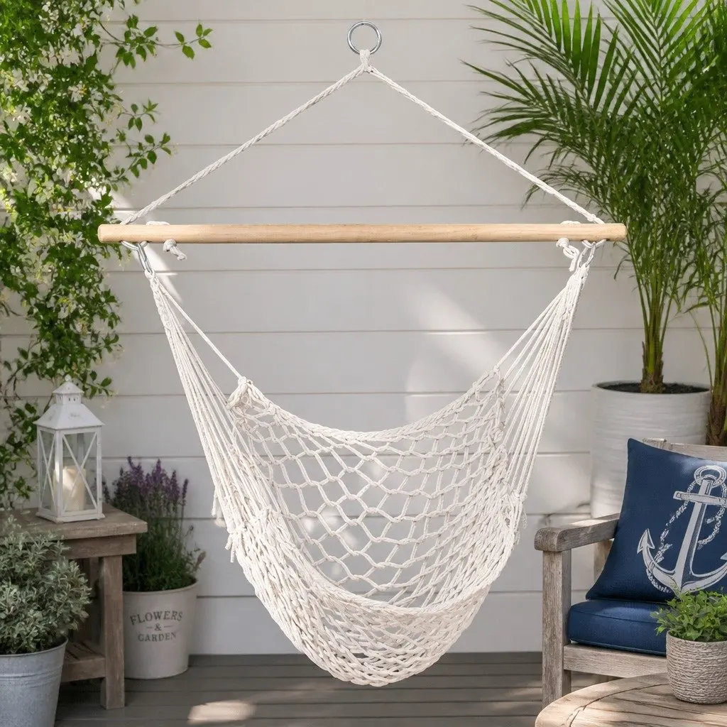Hammock Chair Lightweight Cotton Rope Indoor Outdoor Relaxation Seat Cream 99.5 x 114cm