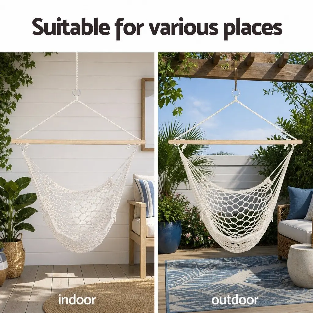 Hammock Chair Lightweight Cotton Rope Indoor Outdoor Relaxation Seat Cream 99.5 x 114cm
