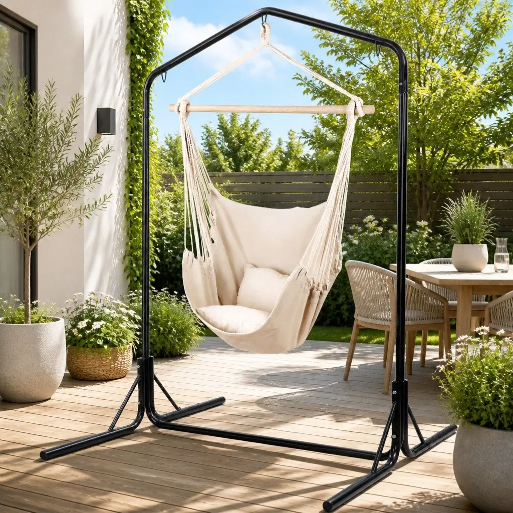 Hammock Chair with Stand Durable Polyester Cotton Blend Cream Colour 100 x 45 x 145cm