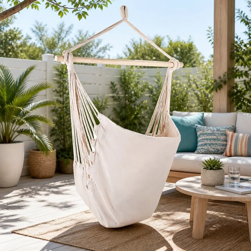 Hammock Chair Outdoor Hanging with Cushions Cream 100cm x 45cm x 145cm