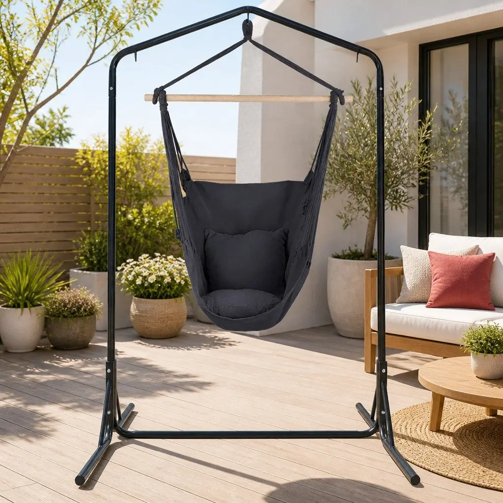 Hammock Chair with Stand and Pillow Grey Polyester Cotton Blend for Indoor and Outdoor Relaxation 100x45x145cm