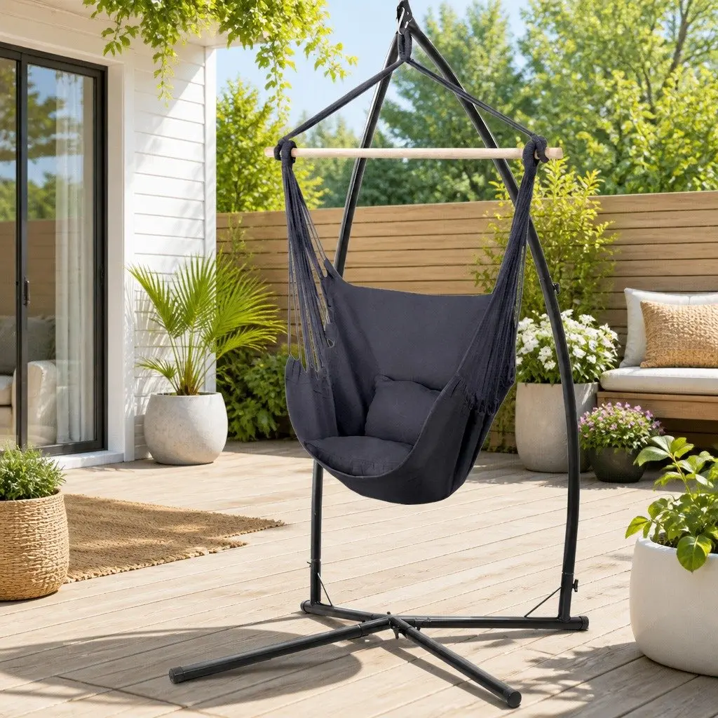 Hammock Chair Outdoor Hanging Swing with Steel Stand Frame Grey 100cm x 45cm x 145cm