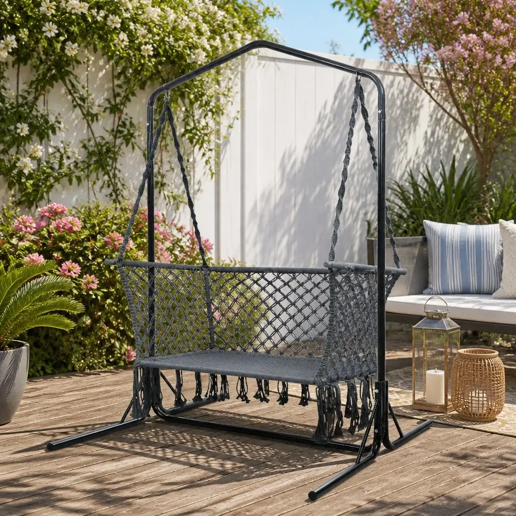 2 Seater Hammock Chair with Stand Outdoor Relaxation Lounger Handmade Macrame 120cm Wide 70cm Deep 120cm High