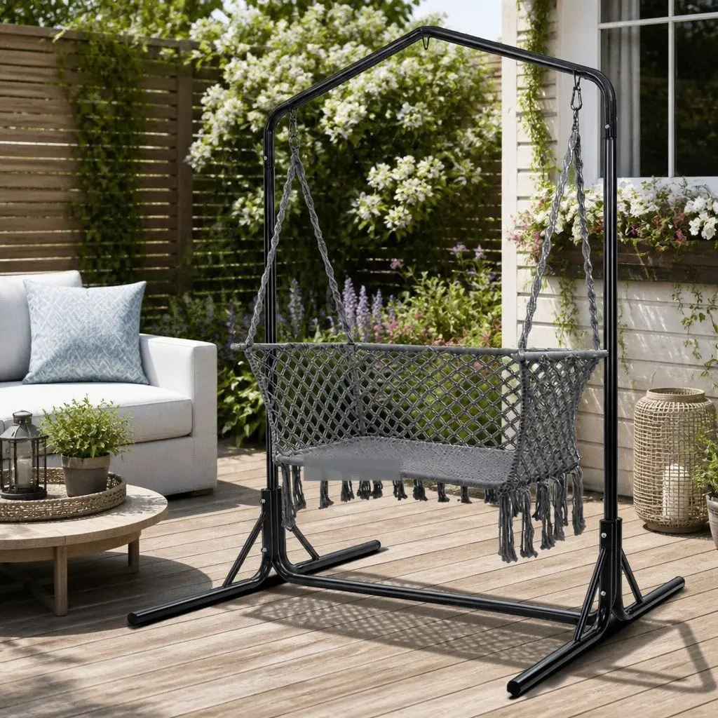 2 Seater Hammock Chair with Stand Outdoor Relaxation Lounger Handmade Macrame 120cm Wide 70cm Deep 120cm High
