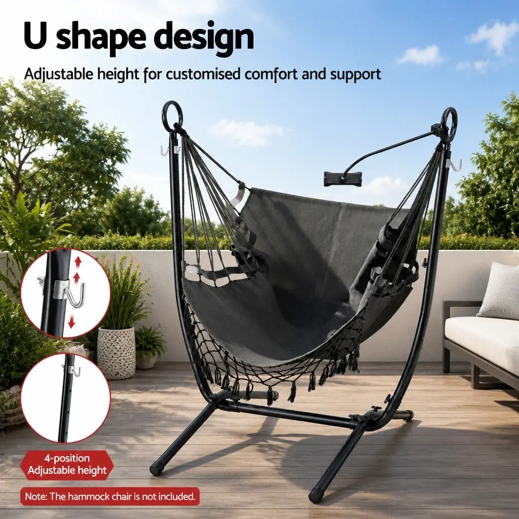 Hammock Chair Stand Iron Frame with Phone Holder Black Outdoor Indoor