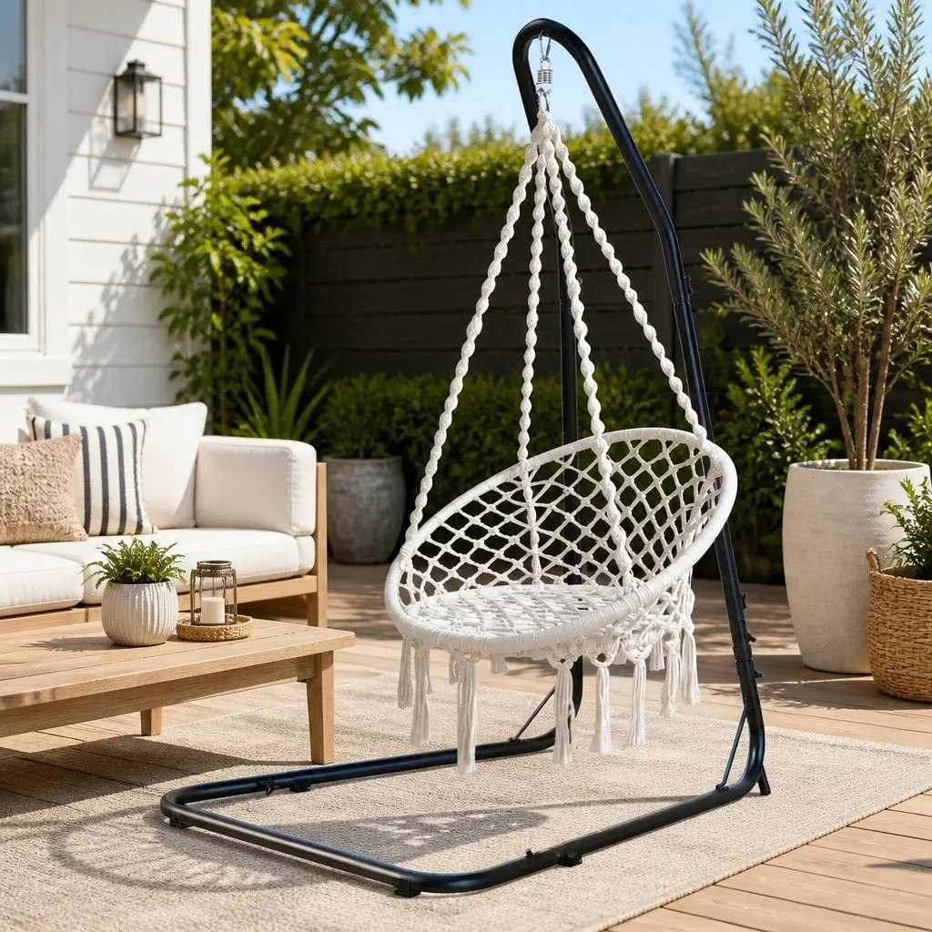 Hammock Hanging Chair with Steel Stand Indoor Outdoor Relaxation 60cm Seat Diameter