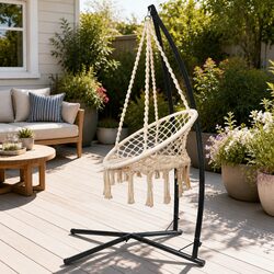 Hammock Chair with Steel Stand Macrame Cream Outdoor Swinging Relaxation Seat