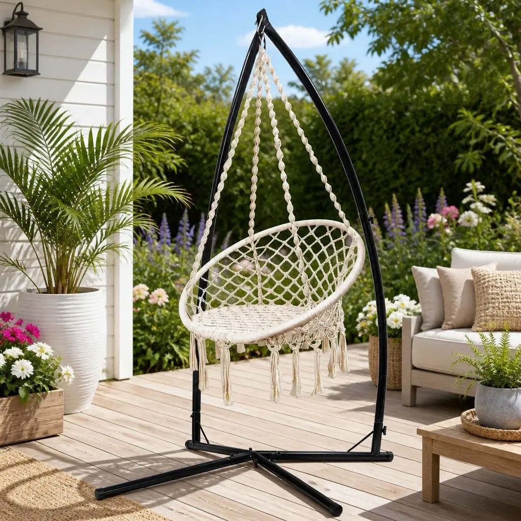 Hammock Chair Macrame Cream with Steel Stand 60cm Seat Diameter for Outdoor and Indoor Relaxation