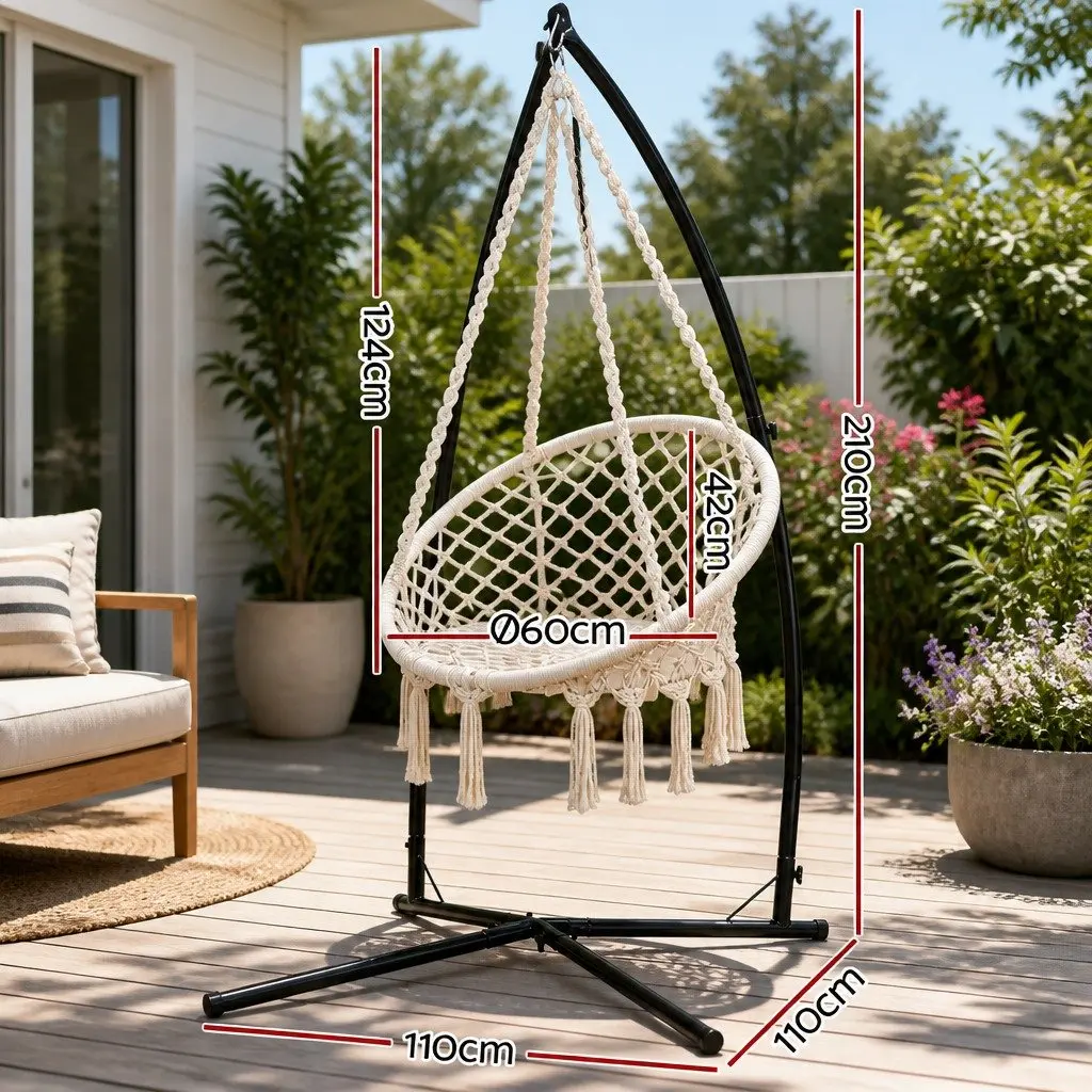 Hammock Chair Macrame Cream with Steel Stand 60cm Seat Diameter for Outdoor and Indoor Relaxation