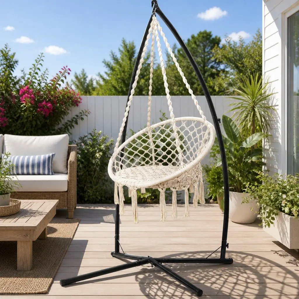 Hammock Chair Macrame Cream with Steel Stand 60cm Seat Diameter for Outdoor and Indoor Relaxation