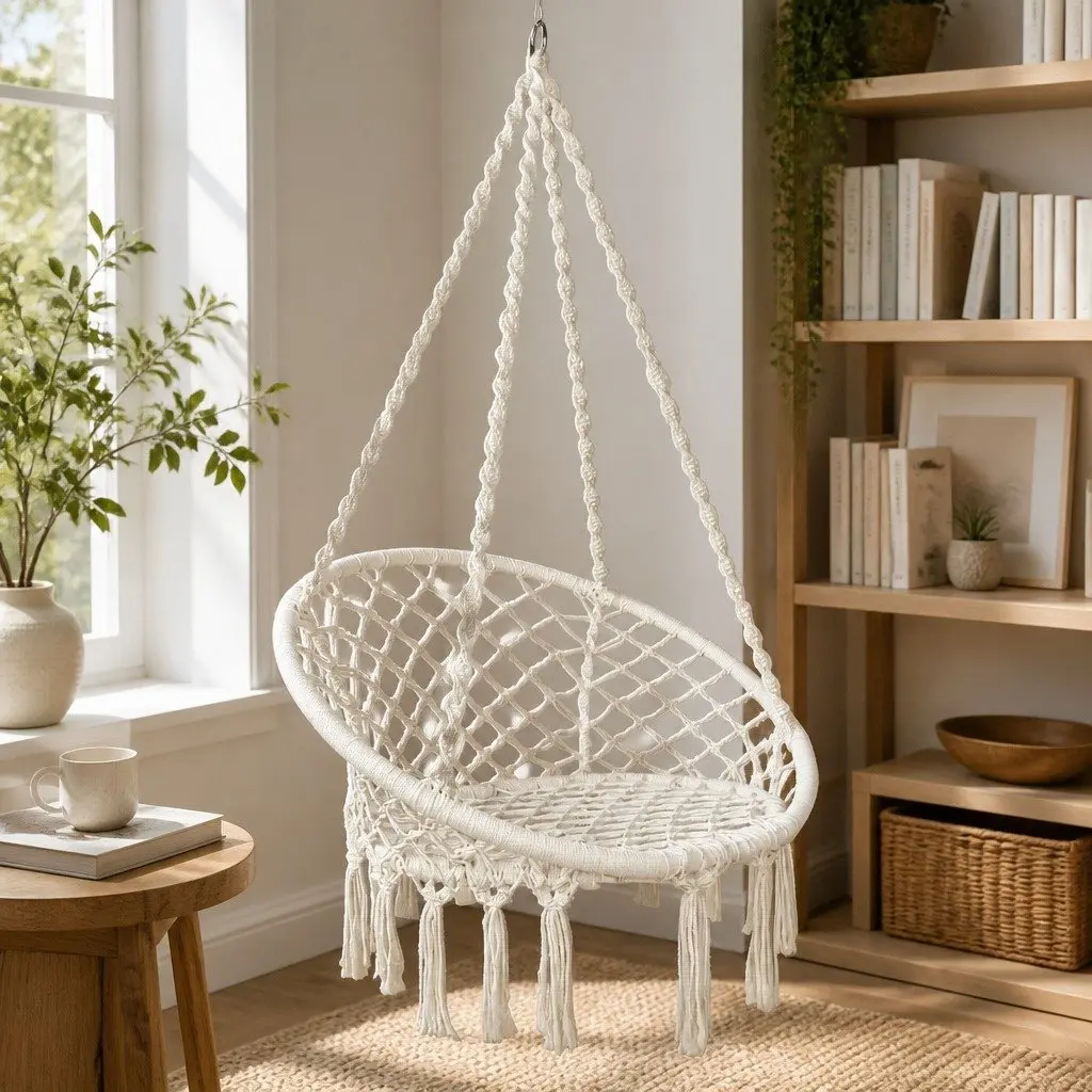 Hammock Chair Indoor Outdoor Macrame Cotton Cream 60cm Seat Diameter 124cm Hanging Height