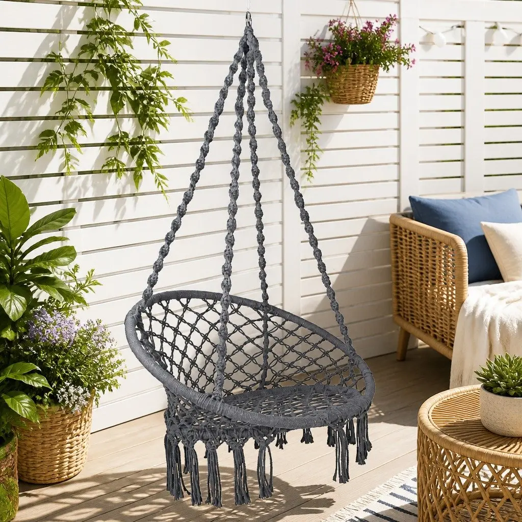 Hammock Chair Macrame Cotton Grey Indoor Outdoor Relaxation Swing 60cm