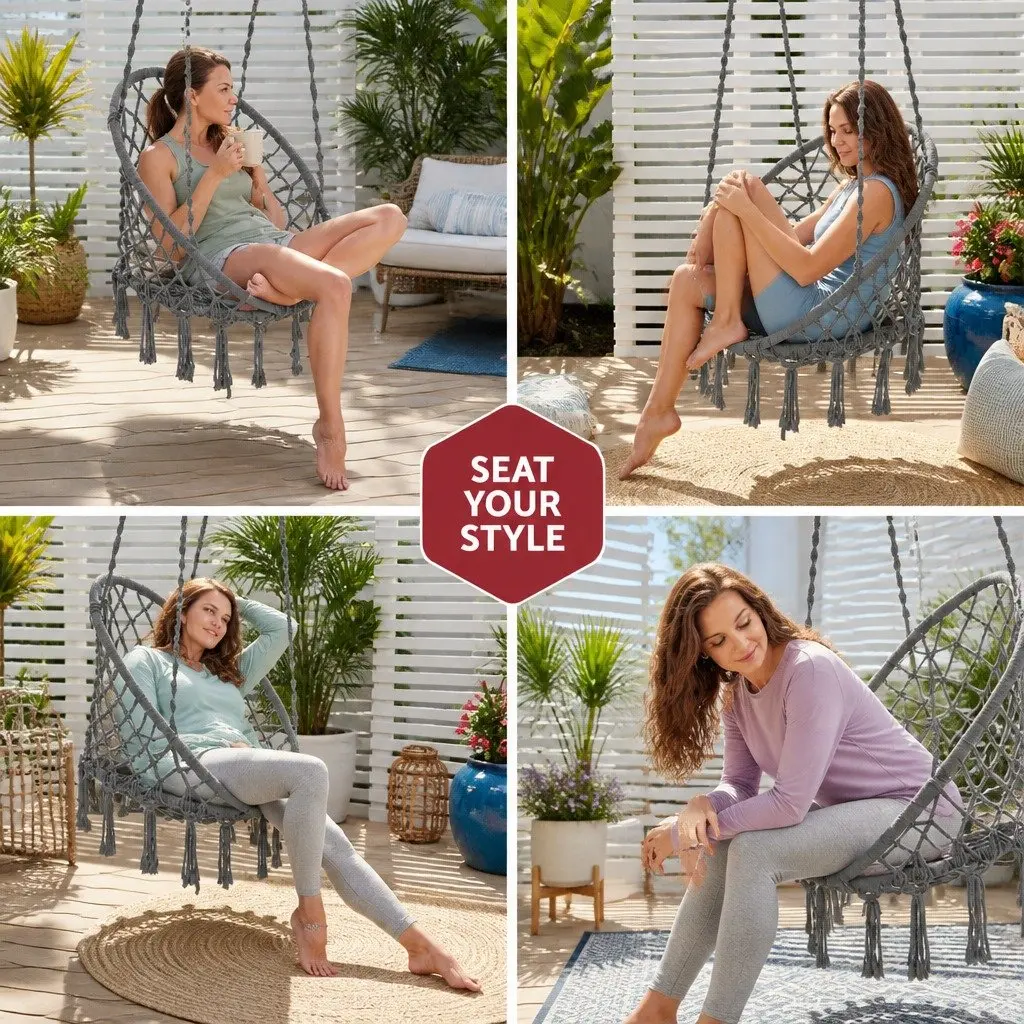 Hammock Chair Macrame Cotton Grey Indoor Outdoor Relaxation Swing 60cm