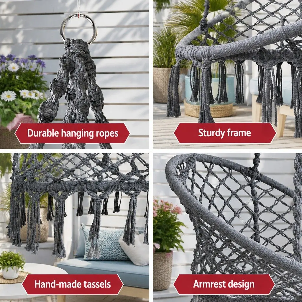 Hammock Chair Macrame Cotton Grey Indoor Outdoor Relaxation Swing 60cm