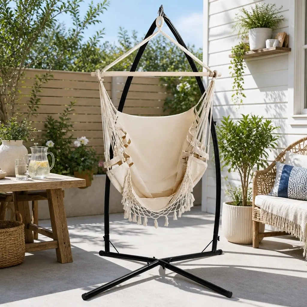 Hammock Chair with Steel Stand Cream 150 x 90cm